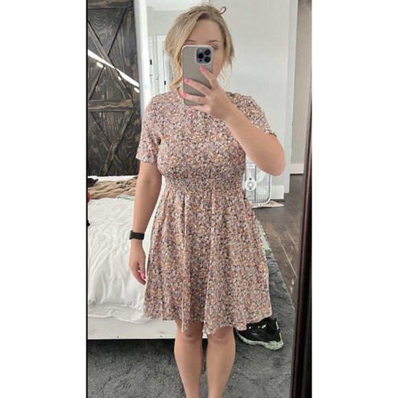 Multicolor Floral Printed A-Line Belted Mock Turtleneck Short Sleeve Mini Dress - Picture 6 of 8